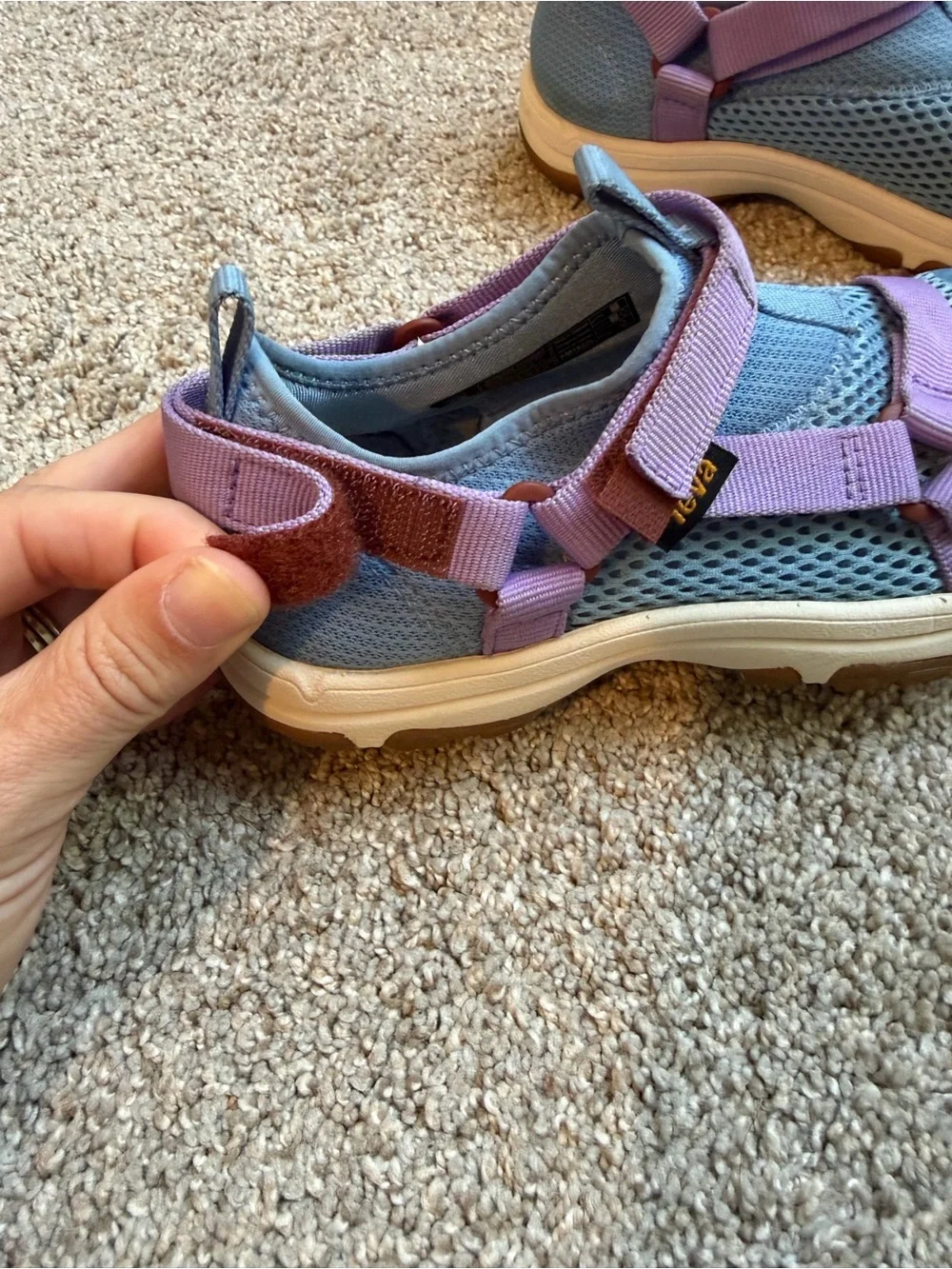 Teva Kids Outflow Sandal in Blue with Lilac Straps and Brown Toe